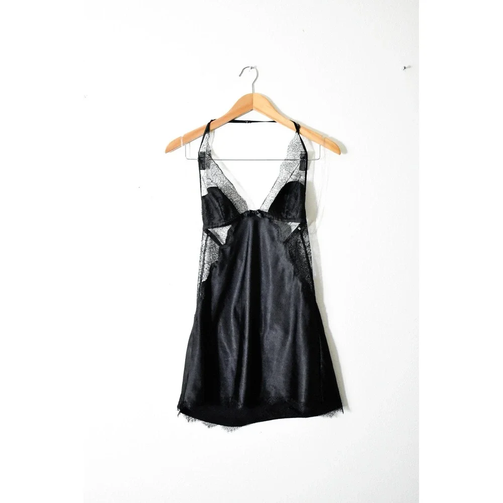 Victoria's Secret Chemise Women Medium Black Modern Satin Lace Halter Open Back - Picture 1 of 7